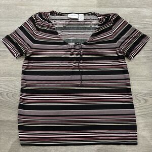 Jaclyn Smith Shirt Top Blouse Pullover Scoop Neck Womens Sz M Black Pink Striped
